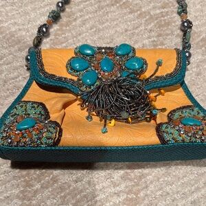 Mary Frances Embellished Yellow and Teal Handbag